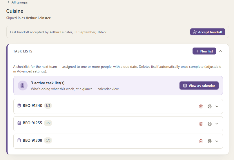 Task lists for a handover group in Daph: a summary of active lists with a direct link to the calendar, then each list with its progress and a button to print it.