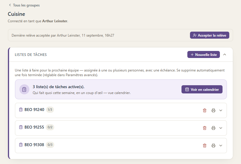 Listes de tâches d'un groupe Passation dans Daph : un résumé du nombre de listes actives avec un accès direct au calendrier, puis chaque liste avec sa progression et un bouton pour l'imprimer.